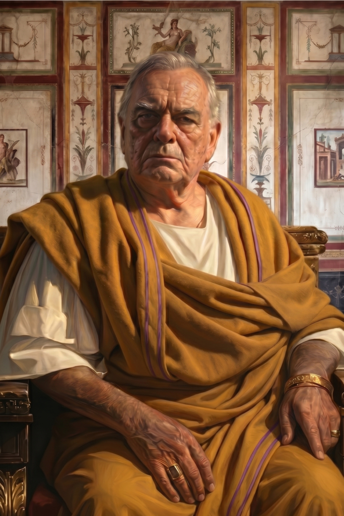 An elderly Roman man seated wearing a golden toga with decorative trim and gold bracelet, positioned in a columned interior with frescoes on the wall behind him.
