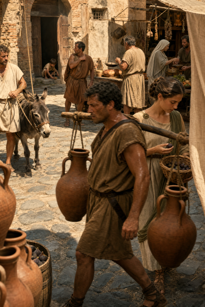 A young Roman woman with a wicker basket walks through a crowded narrow street market, partially blocked by a porter carrying two large amphorae on a yoke, with a donkey-wrangler, market stalls, and other figures behind her in hazy daylight.