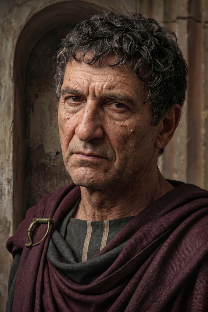 Close-up portrait of an elderly Roman man with gray curly hair wearing a dark cloak fastened with a small bronze fibula, shown against a rough plastered wall with an arched stone niche