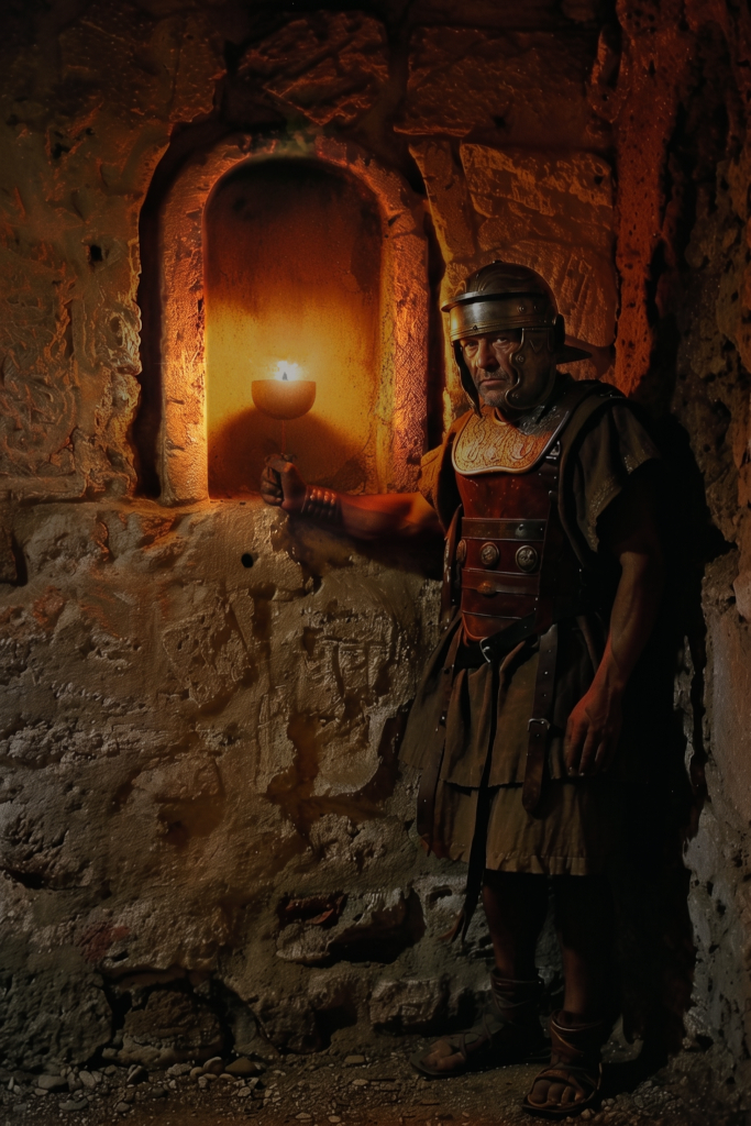 A Roman soldier in helmet and chest armor standing in a dark underground stone passage, holding an open-flame oil lamp in a wall niche.