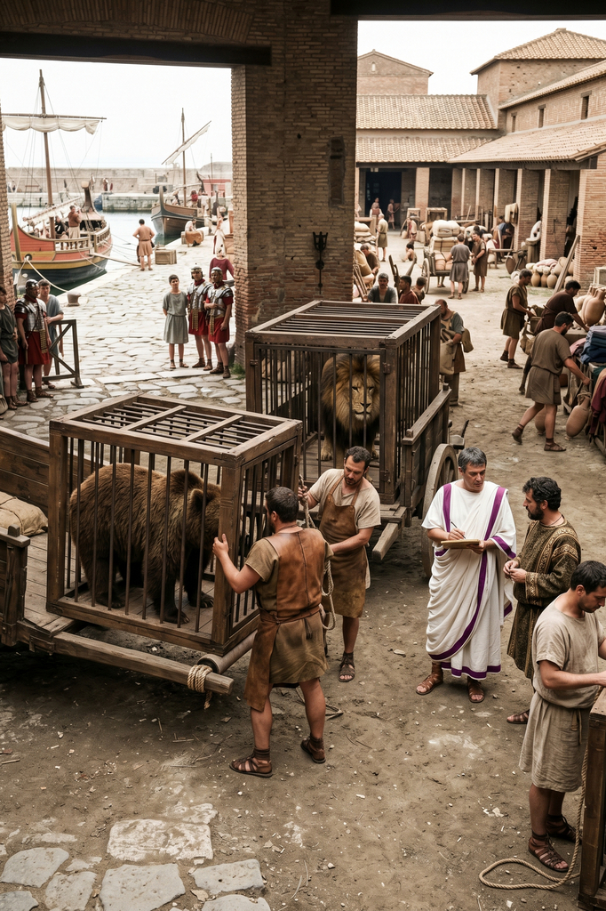 Caged arena animals on a Roman quay overseen by a magistrate.