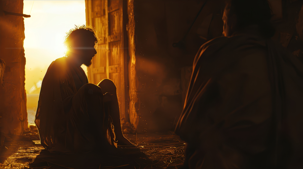 Two figures in simple tunics resting inside a cracked-plaster Roman domestic structure, one silhouetted in a sunlit doorway and one with back turned in the foreground.
