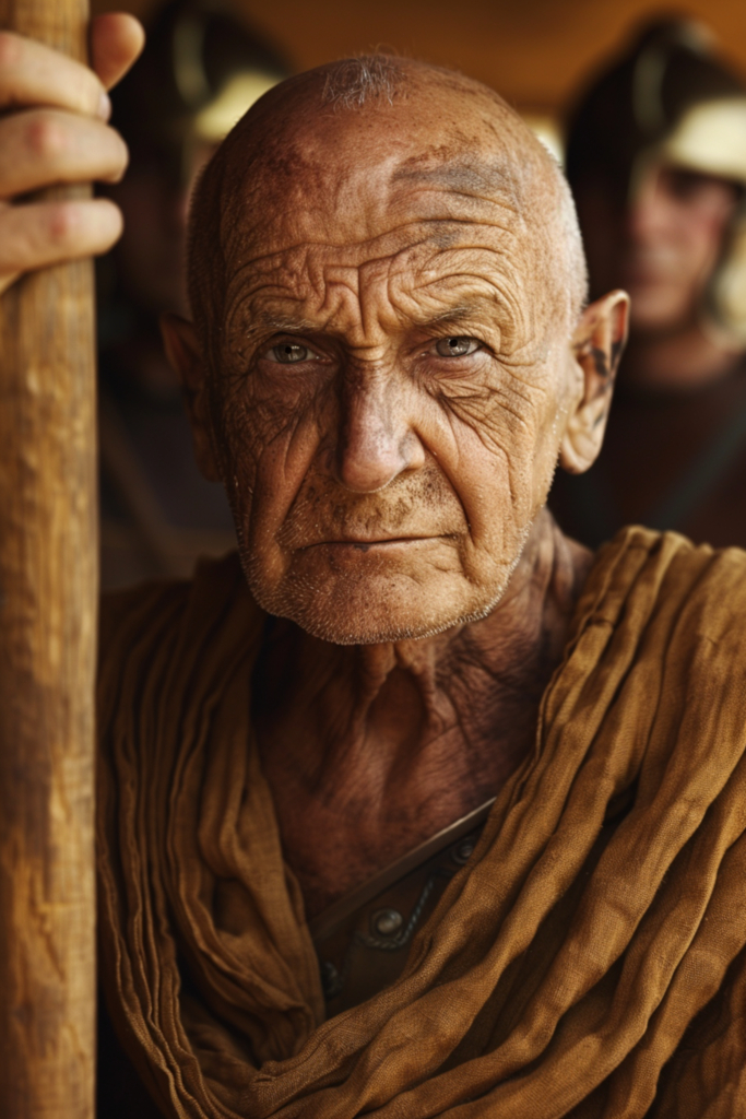 Close-up portrait of an elderly bald Roman-era man in a rough draped tunic holding a wooden staff and staring directly at the viewer.