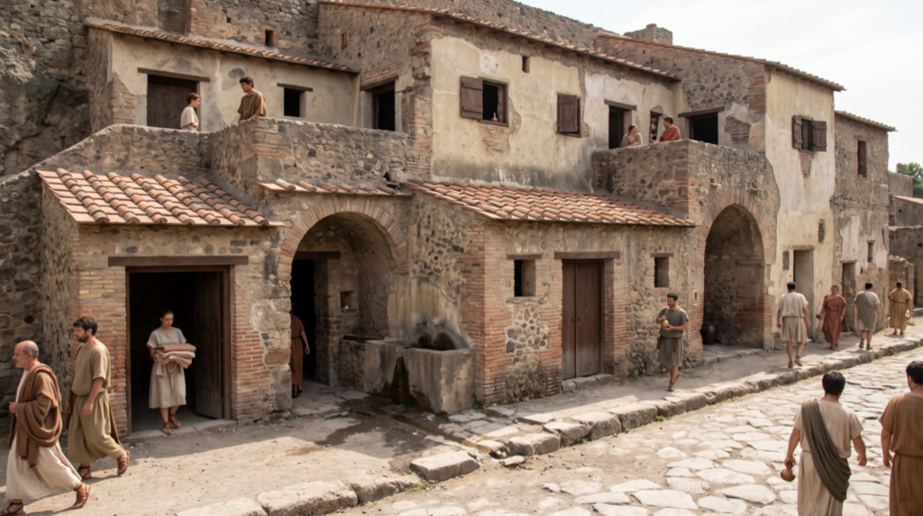 People in tunics walk a cobbled Roman street past brick buildings, a stone fountain, and tiled rooftops.