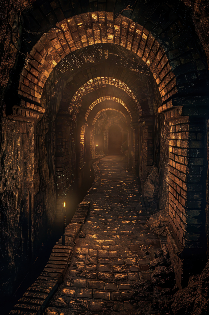 A dark underground Roman brick tunnel with repeating round arches receding into the distance, lit by a single distant flame on the cobbled floor.