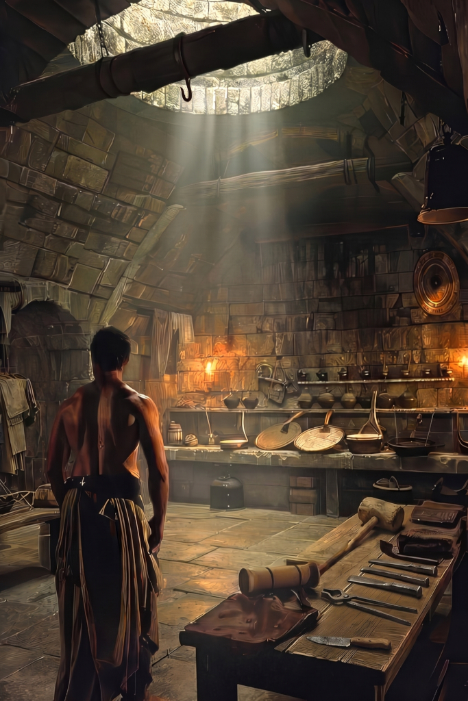 A shirtless man with his back turned stands in a barrel-vaulted stone Roman kitchen lit by small oil lamps, with hanging bells, pottery, and wooden tools visible.