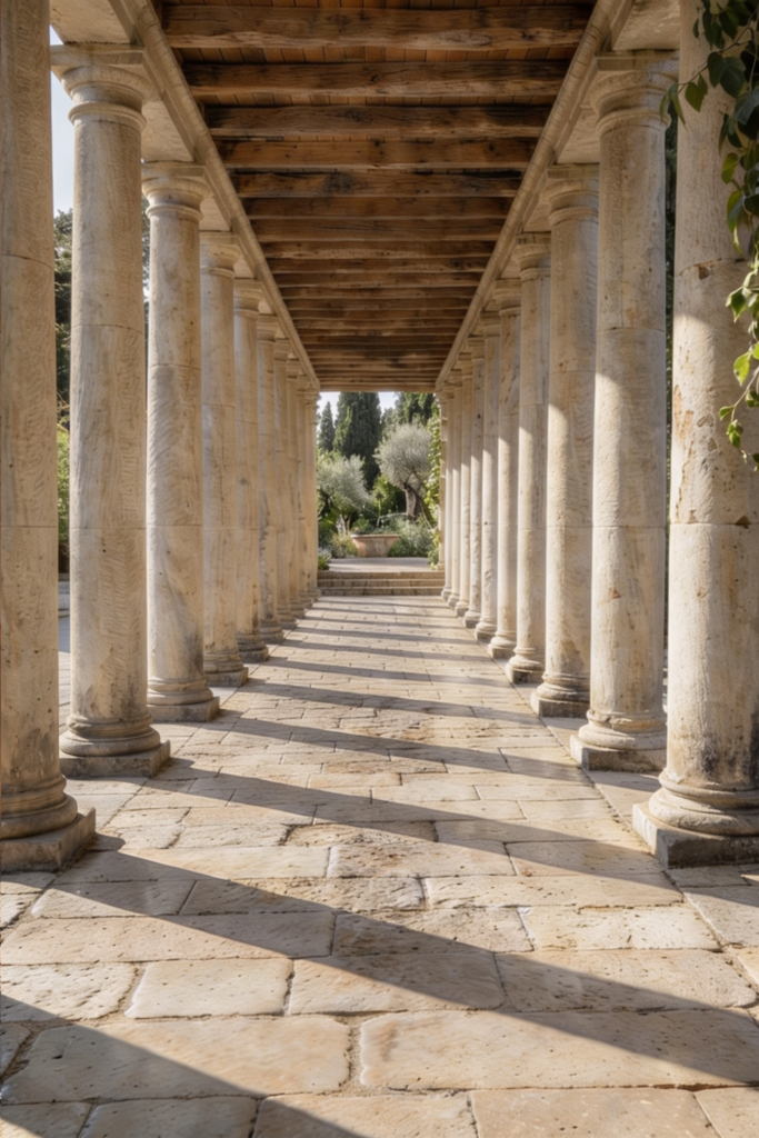 Ancient Roman stone portico with Tuscan-style columns and rectangular slab paving extending into the distance.
