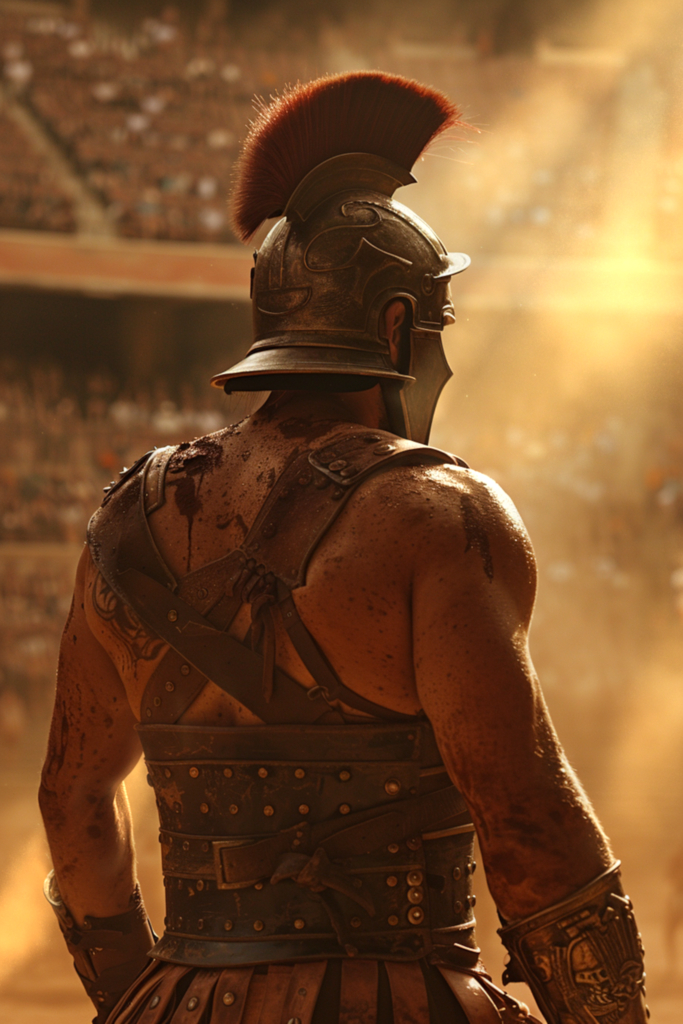 Rear view of a gladiator with a red-crested Roman helmet and leather chest harness facing a packed amphitheater crowd in warm hazy arena light.