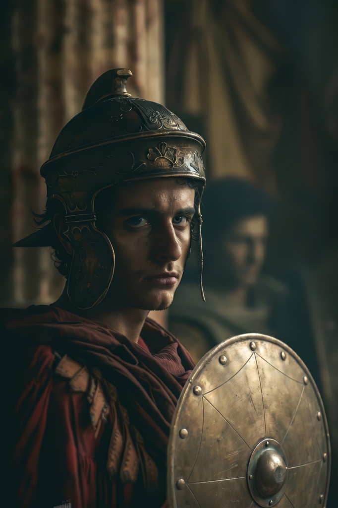 A young Roman soldier in a bronze helmet and red cloak faces the viewer, holding a round shield, with a second figure blurred behind him.