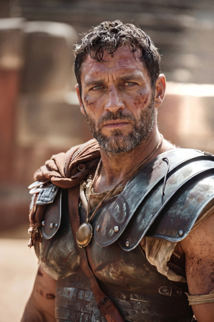 Close-up portrait of a bearded man in Roman gladiator armor with metal shoulder plates and leather strapping, showing battle wear and grime on face, against blurred arena background