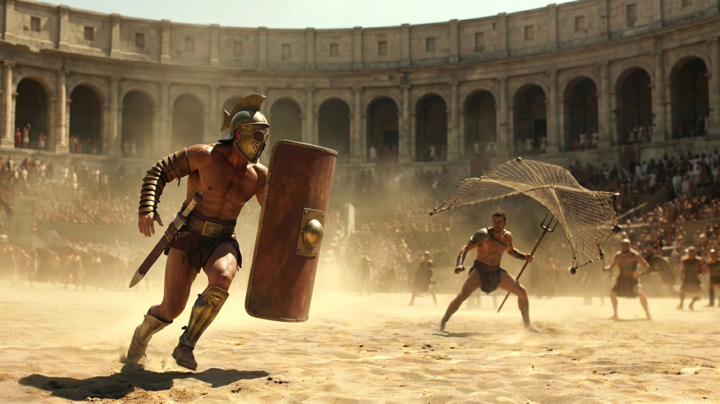 Two armored gladiators fight on arena sand, one holding a sword and round shield, the other running with a curved weapon, full amphitheater behind.