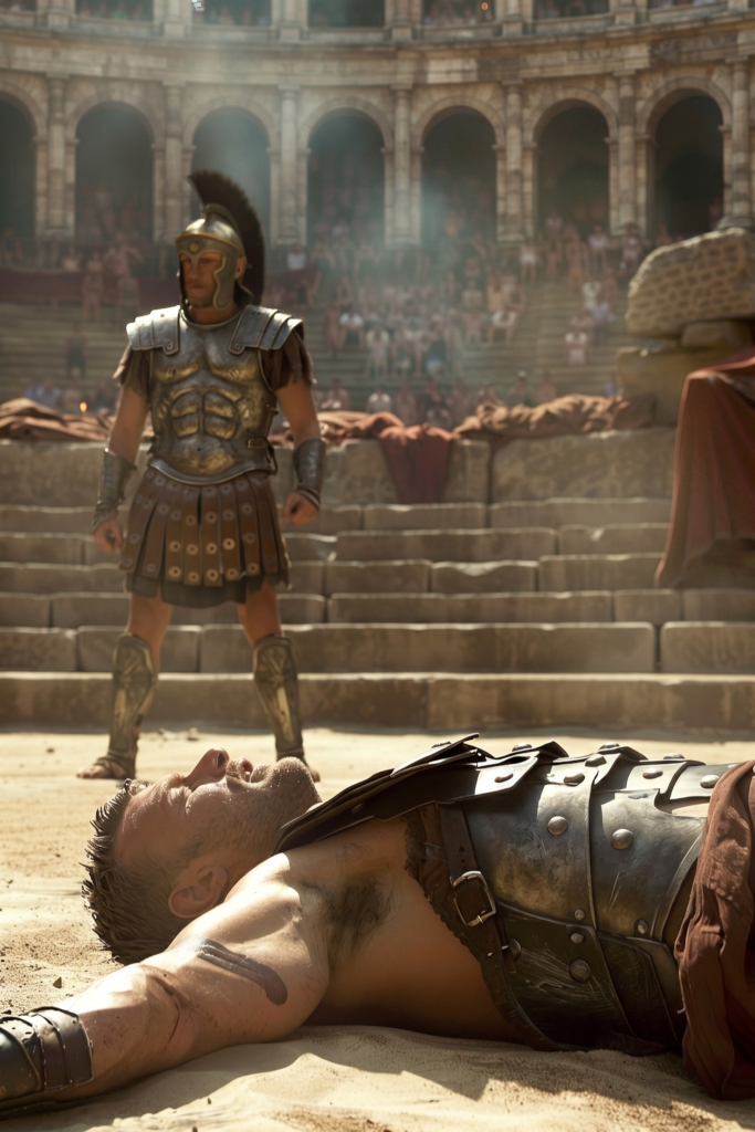 A defeated gladiator lying on arena sand in the foreground while a standing armored victor faces the amphitheater crowd behind him.