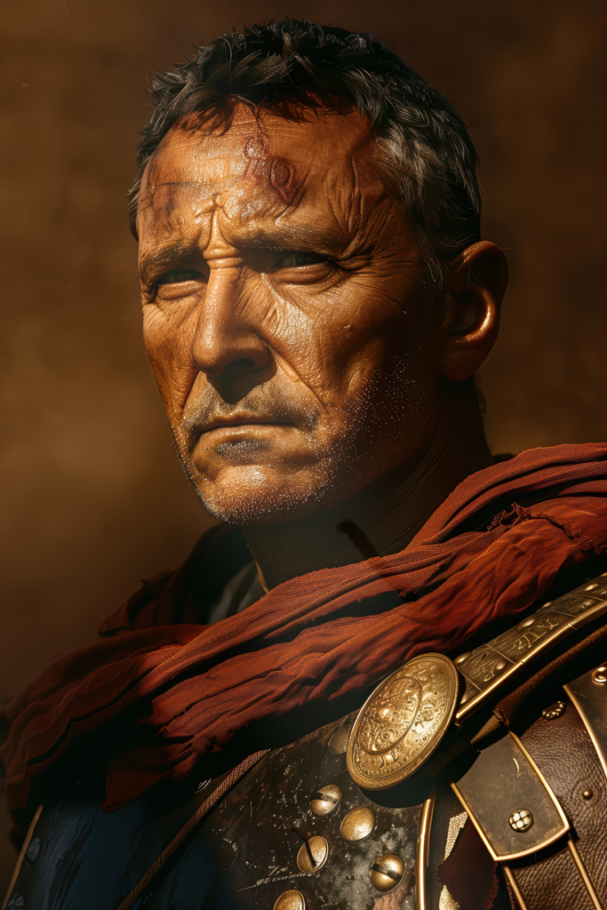 Close portrait of weathered older man with gray hair, scarred face showing sun damage, wearing bronze Roman armor with circular phalerae decorations and red cloak fastened with round fibula