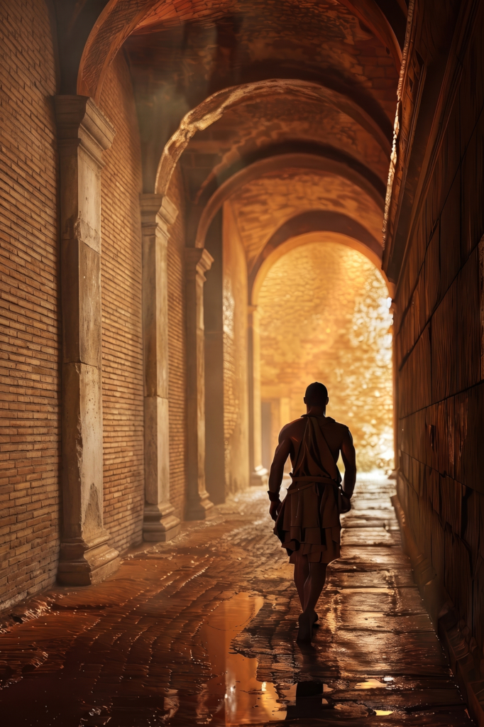 A lone figure in a short garment walks through a long warm amber barrel-vault brick corridor toward a bright opening ahead.