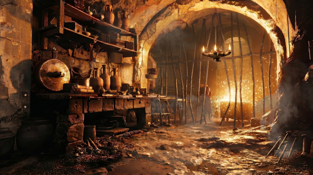 Ancient Roman blacksmith's workshop with workbench and sparks flying.
