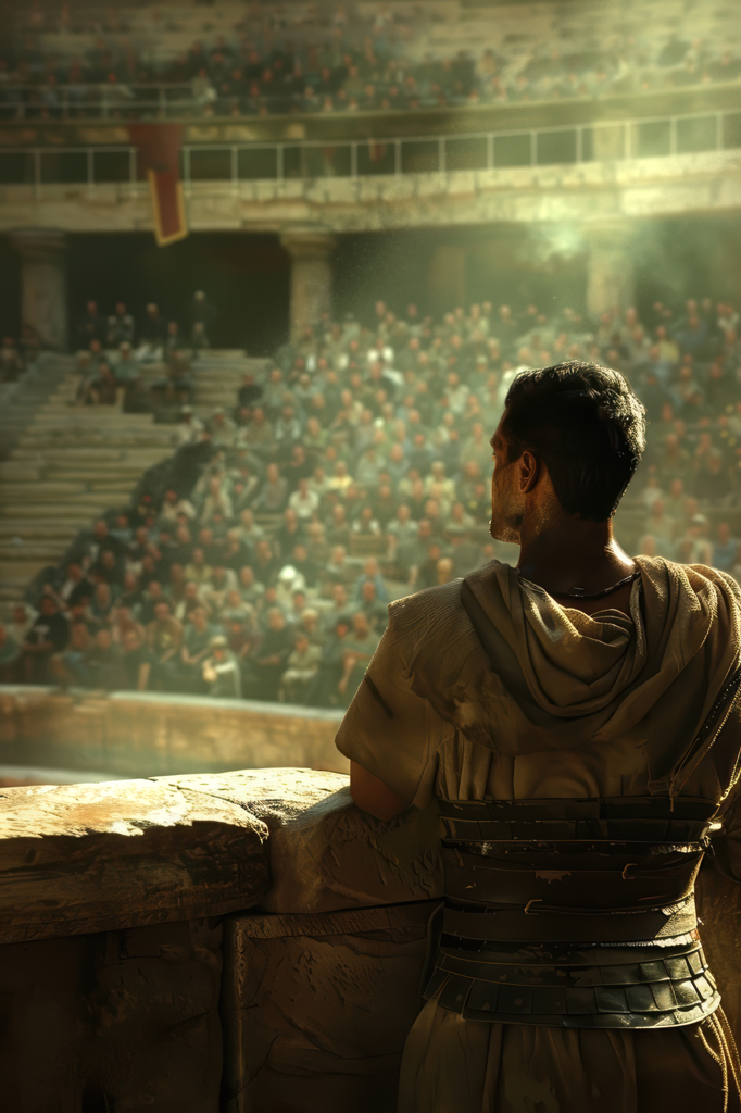 A figure in a tunic and wide belt viewed from behind, leaning on a stone wall looking out over a densely packed Roman amphitheatre crowd.