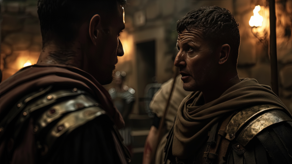 Two armored Roman men face each other in a dim torchlit stone corridor.