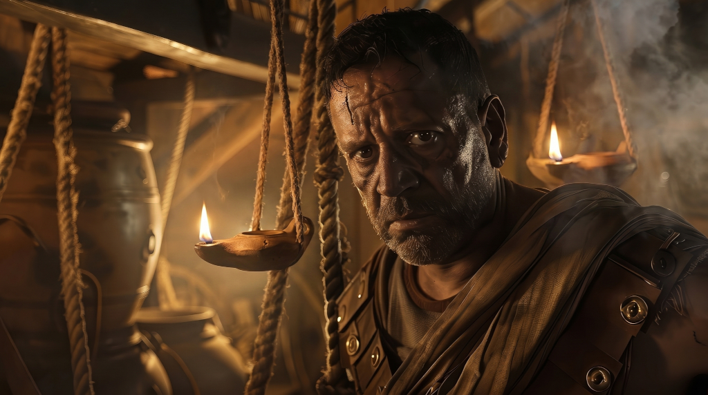 A weathered older man in leather shoulder armor inside a ship's hold, framed by hanging ropes and timber beams, with a bronze vessel lamp visible behind him in amber light.
