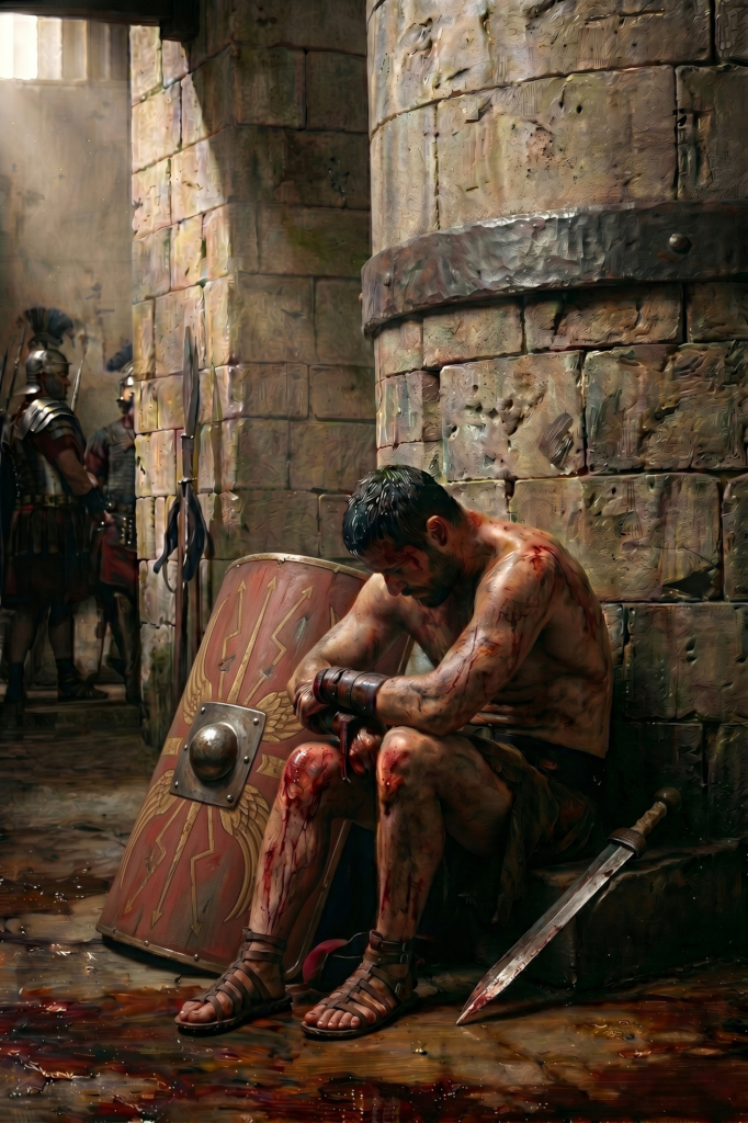 A wounded gladiator sitting slumped against a stone wall in a dim cell, with a round shield and spear propped nearby and a guard visible in the doorway behind him.