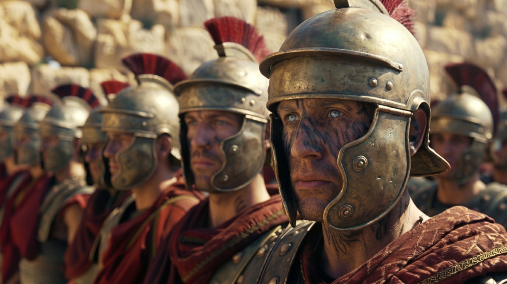 A rank of Roman legionaries in Imperial-Gallic helmets with red crests and red military cloaks, the foreground figure facing the viewer with a weathered, intense expression.