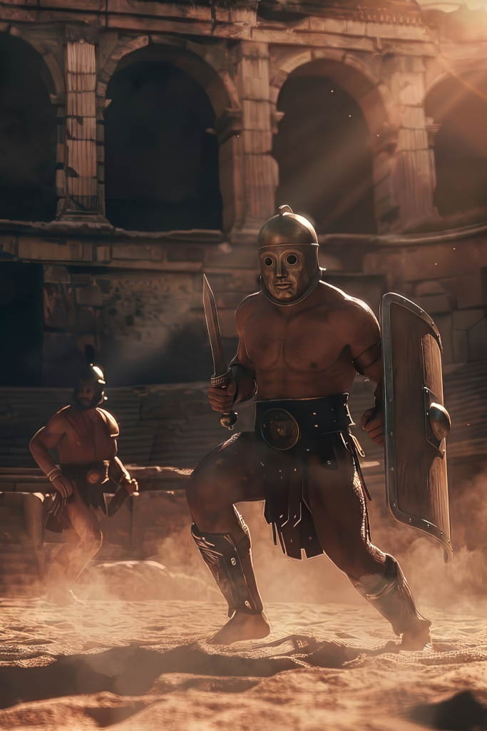 A helmeted gladiator in full arena kit runs across sandy arena floor at dawn with a second gladiator and amphitheatre arches behind him.