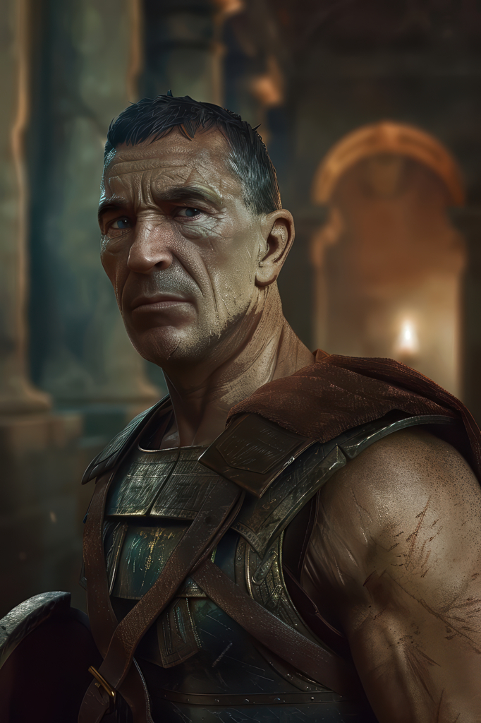 Close portrait of a middle-aged weathered man in simple segmented armor with a scarred face, lit by warm firelight against a stone arch background.
