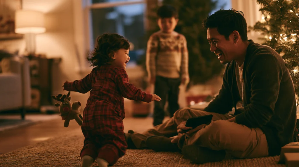 A father sits on the living-room rug by a lit Christmas tree, smiling as his toddler daughter in red plaid pajamas walks away holding a stuffed toy while her older brother watches.