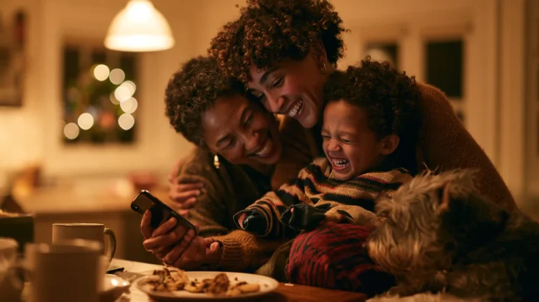Two women hug a laughing toddler at a kitchen table in the evening while a shaggy dog leans in and one of the women holds a phone.