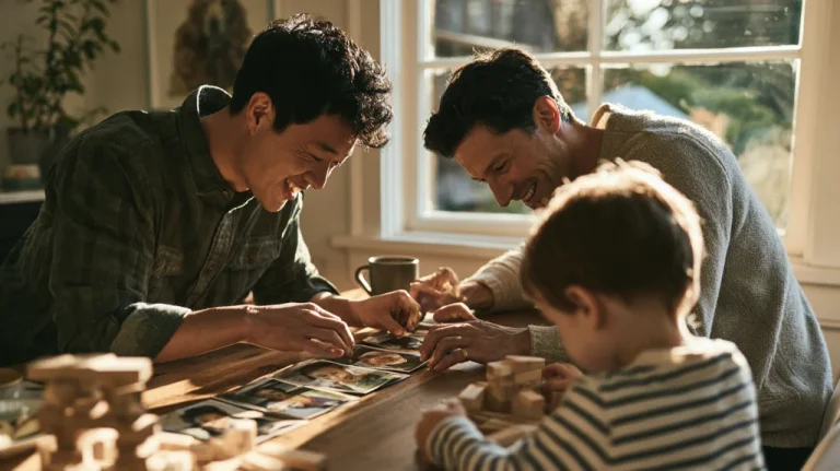 Two fathers smile as they sort printed snapshots at a sunlit dining table while their young son plays with wooden blocks.
