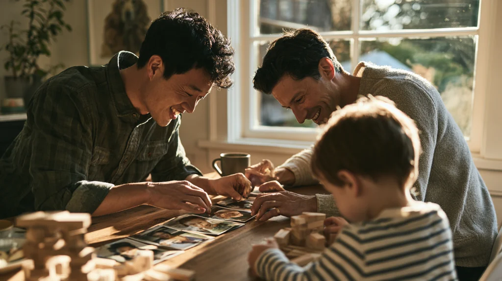 Two fathers smile as they sort printed snapshots at a sunlit dining table while their young son plays with wooden blocks.