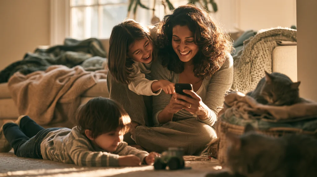 A mother sitting on the floor smiles at her phone as her daughter leans over her shoulder pointing, while her toddler son plays with a toy truck on the rug and a gray cat rests on a laundry basket.