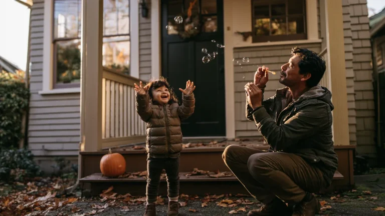 A father kneels on the front walk blowing bubbles as his toddler daughter in a puffy jacket reaches up laughing, with a pumpkin and fallen leaves by the porch steps.