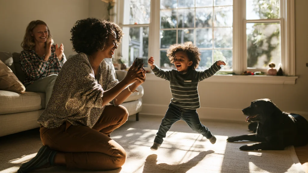 A mother kneels with her phone as her toddler son dances in bright window light, while a second mother claps on the sofa and a black Labrador watches.