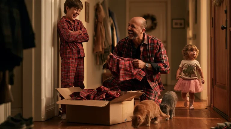 A father laughs as he unpacks matching plaid pajamas in the front hall while his older son grins in his pair and his toddler daughter walks off in a tutu, with two cats nearby.