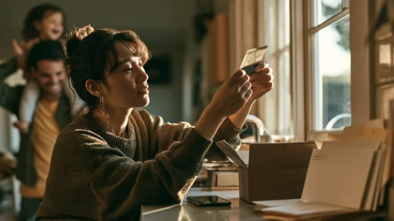 A woman at a kitchen counter holds a printed card up to the window light to check it, while her husband carries their laughing daughter on his shoulders behind her.
