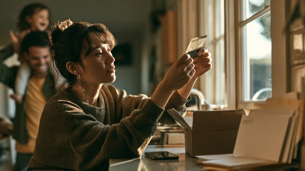 A woman at a kitchen counter holds a printed card up to the window light to check it, while her husband carries their laughing daughter on his shoulders behind her.