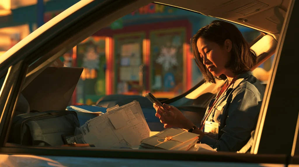 A mother in work clothes sits in her parked car outside a daycare at golden hour, looking at her phone beside a laptop bag, papers and a stack of envelopes.