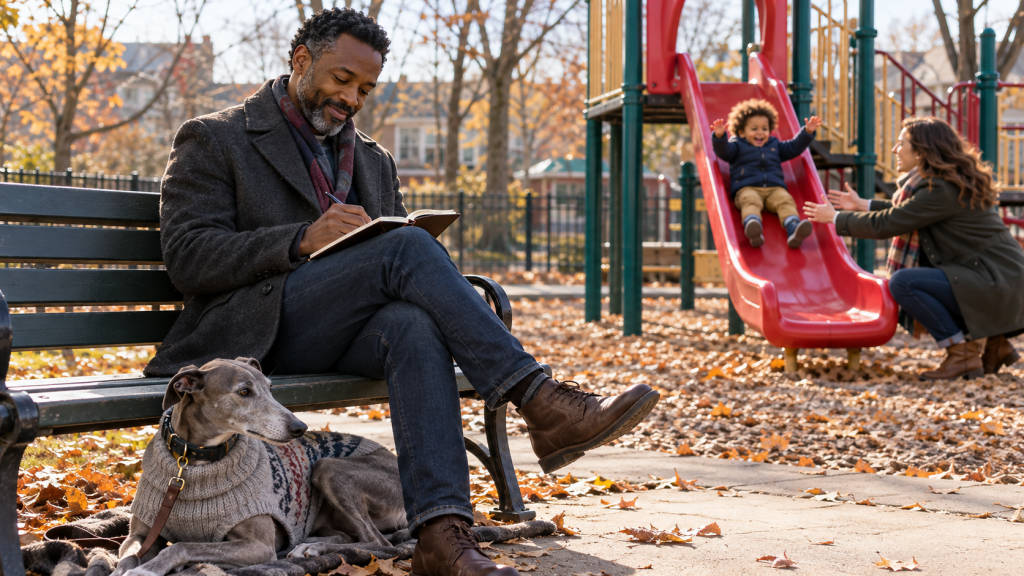 A father writes in a notebook on a park bench with a greyhound in a sweater at his feet, while his wife catches their toddler at the bottom of a red slide.