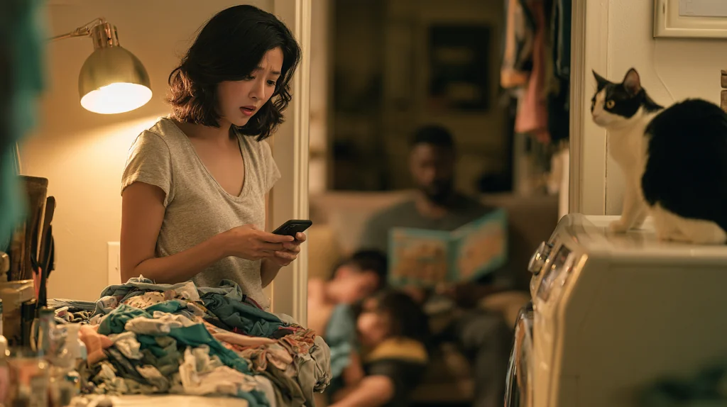 A mother beside a pile of laundry looks at her phone with concern while, in the next room, her husband reads a picture book to their two children and a black-and-white cat watches from the dryer.