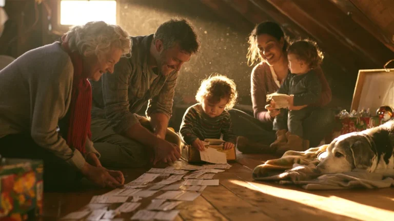 Three generations of a family kneel on a sunlit attic floor around a row of saved holiday cards while toddlers play beside them and an old dog rests on a blanket.