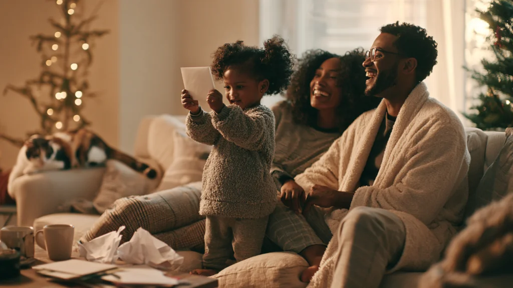 A young couple laughs on the sofa as their toddler daughter proudly holds up a holiday card, with opened envelopes on the coffee table, a calico cat and a lit tree behind them.