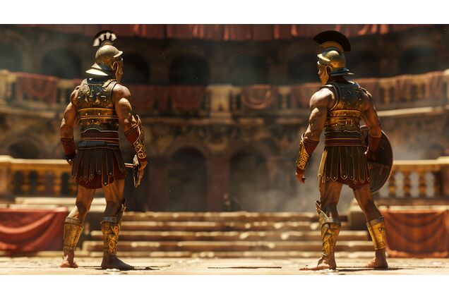 Two gladiators facing each other across a quiet training yard, neither aggressive nor relaxed, posture controlled, eyes assessing rather than provoking, the space between them charged but orderly