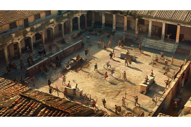 A Roman training complex viewed from above, small groups of gladiators observed by instructors and officials, gestures subtle, attention focused, reputations forming through quiet scrutiny rather than spectacle, the environment ordered and watchful