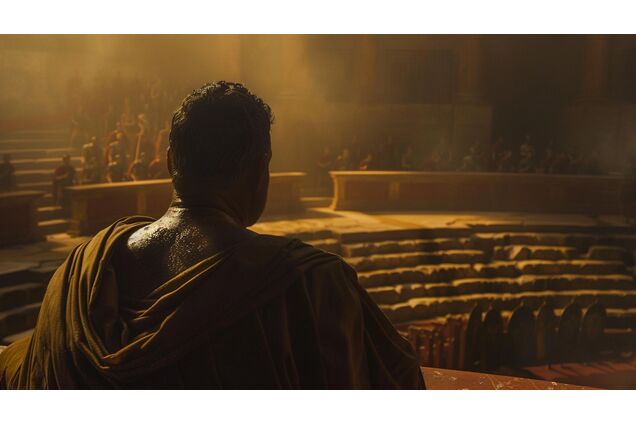 A Roman official observing a concluded gladiator trial from a distance, expression neutral, posture composed, the scene restrained and formal, emphasizing judgment without emotion, the absence of mercy conveyed through stillness rather than action