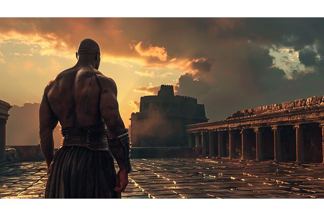A lone gladiator standing at the edge of a training yard at dusk, armor removed, posture upright despite fatigue, gaze fixed forward rather than outward