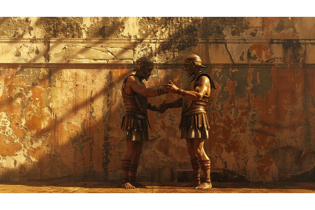 Two gladiators exchanging a brief, guarded gesture in a training yard, expressions controlled, bodies angled cautiously, the moment restrained and ambiguous