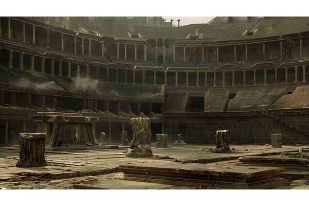 A section of an arena prepared for an upcoming trial, obstacles arranged deliberately, officials inspecting placements, the space purposeful and restrained