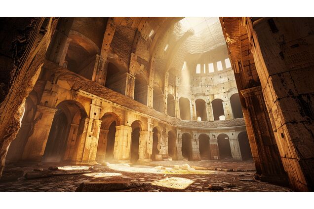 A massive Roman arena complex viewed from within its stone corridors, vaulted ceilings pressing inward, light narrowing toward a distant opening, architecture imposing order and inevitability rather than chaos