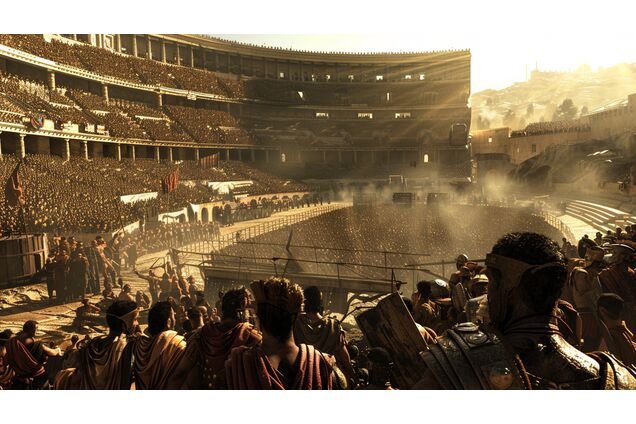 A Roman arena filled with spectators rendered as a unified mass rather than individuals, faces indistinct, attention focused downward, the scale overwhelming
