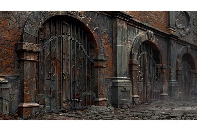 A set of worn arena gates closed and secured, heavy iron fittings visible, no figures present, the image quiet and final